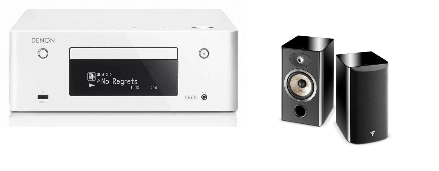 Denon RCD-N10 valkoinen. & Focal Aria 906 Kaiuttimet pari + kaiutinjohdot (120x80)