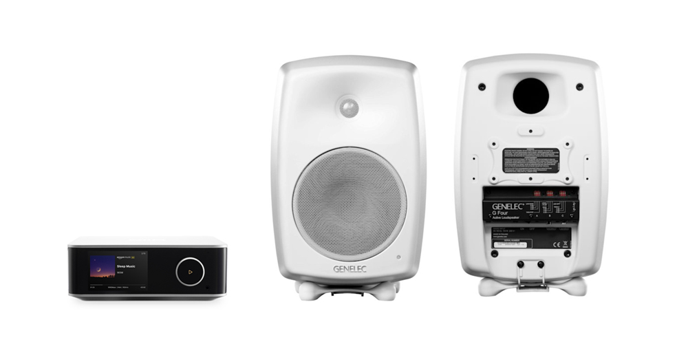 Genelec G3 kaiuttimet + WiiM Ultra verkkosoitin + 3m RCA-kaapelit (120x80)